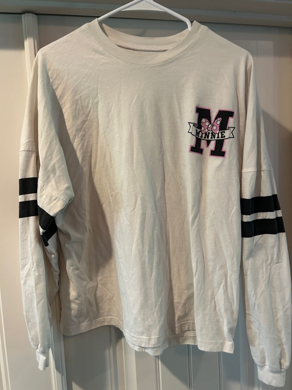 Women’s Medium Minnie Mouse Graphic Long Sleeve Tee - White with Black Stripes